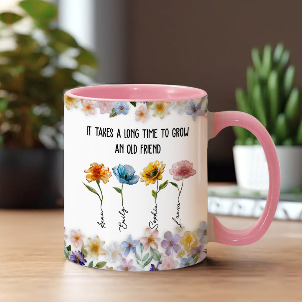 Es dauert lange, bis eine alte Freundschaft wächst – personalisierte Tasse mit dem Aufdruck „Beste Freundin“.