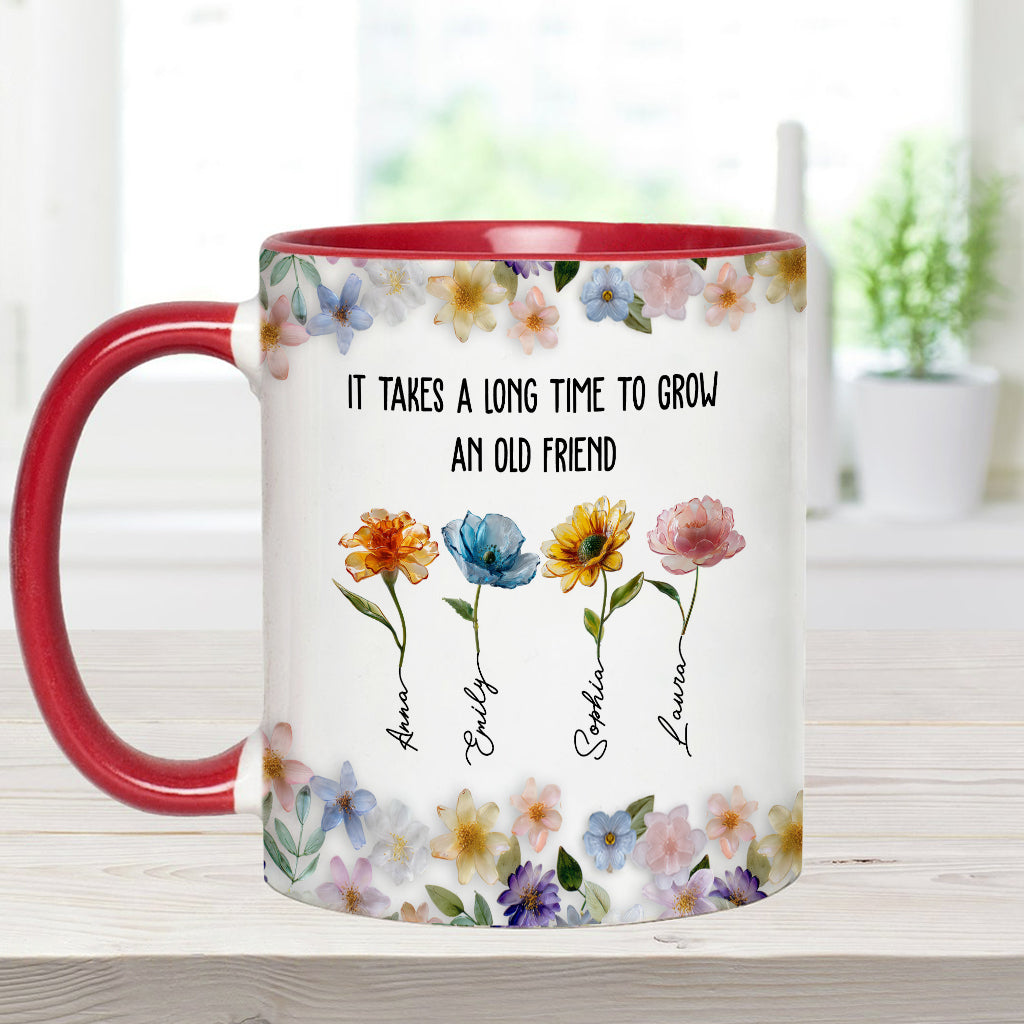 Es dauert lange, bis eine alte Freundschaft wächst – personalisierte Tasse mit dem Aufdruck „Beste Freundin“.