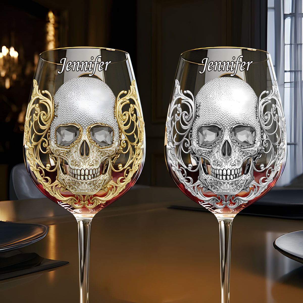 Hochwertige Totenkopf-Kunst – personalisiertes Totenkopf-Weinglas mit langem Stiel