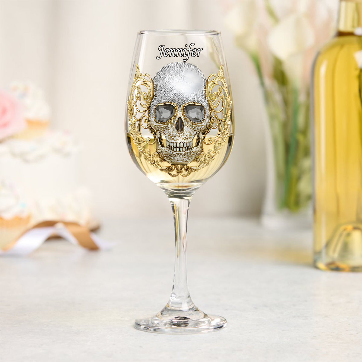 Hochwertige Totenkopf-Kunst – personalisiertes Totenkopf-Weinglas mit langem Stiel