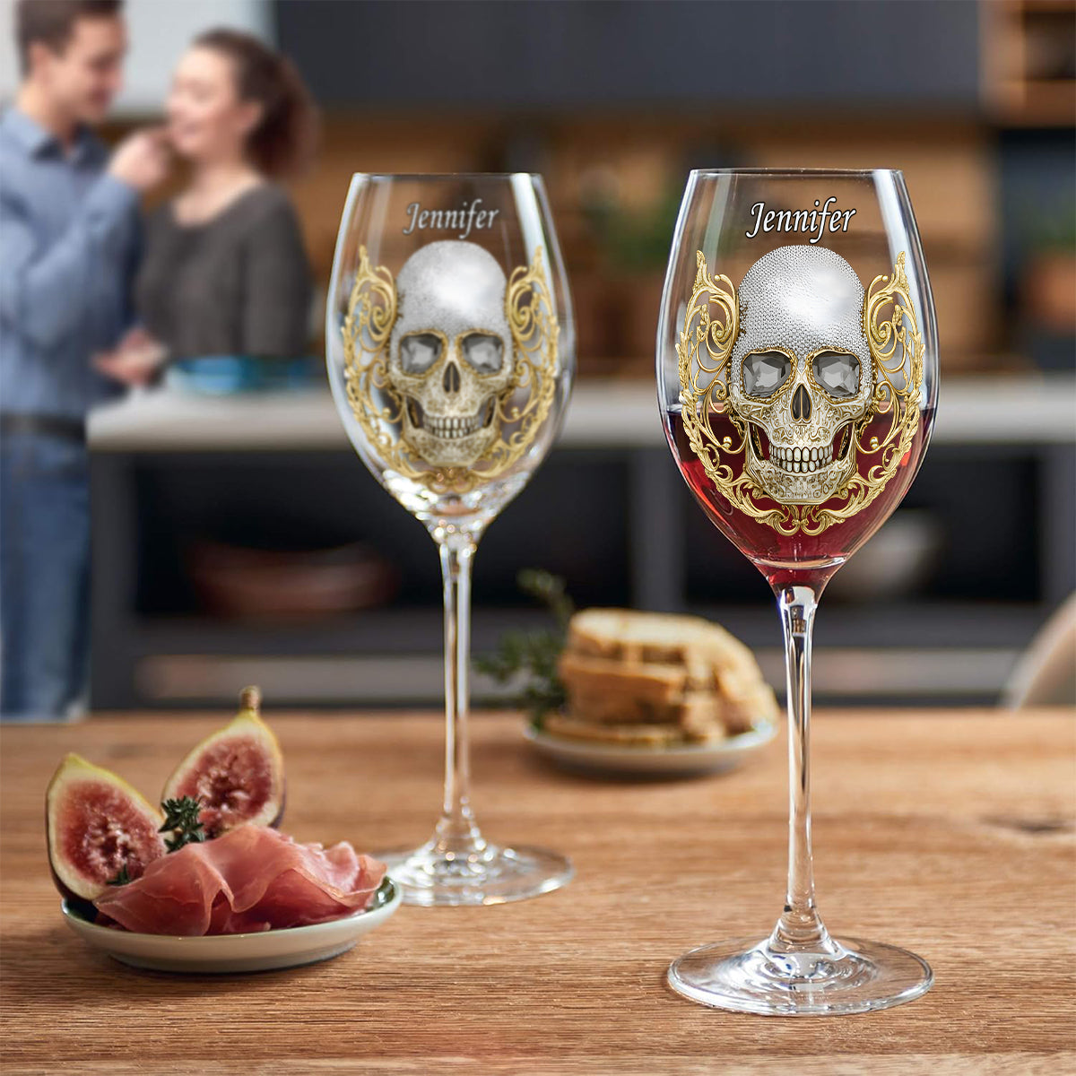 Hochwertige Totenkopf-Kunst – personalisiertes Totenkopf-Weinglas mit langem Stiel