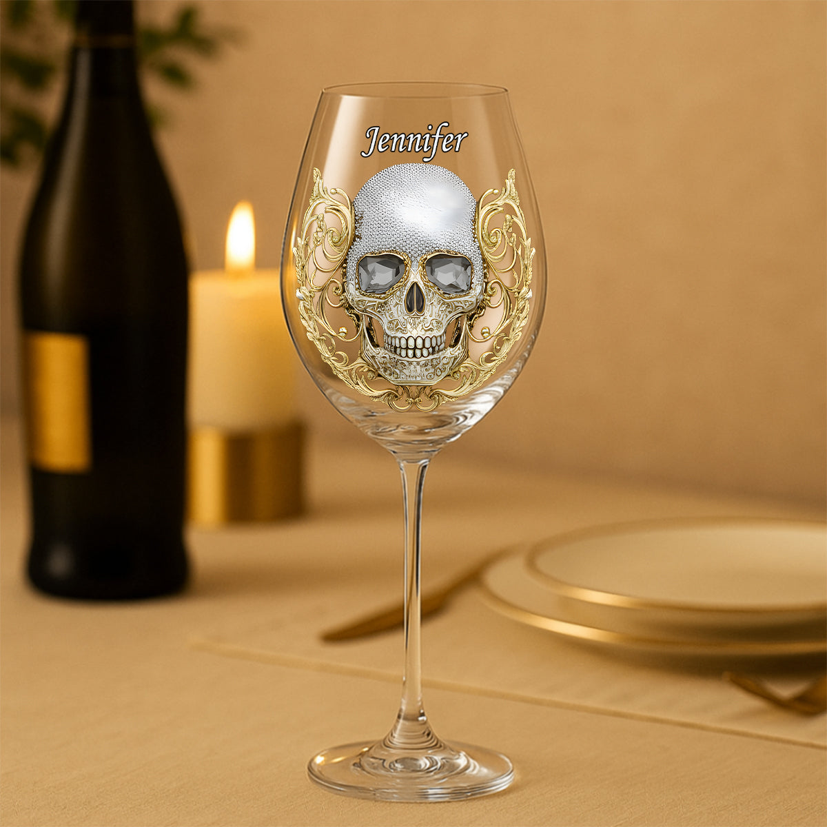 Hochwertige Totenkopf-Kunst – personalisiertes Totenkopf-Weinglas mit langem Stiel