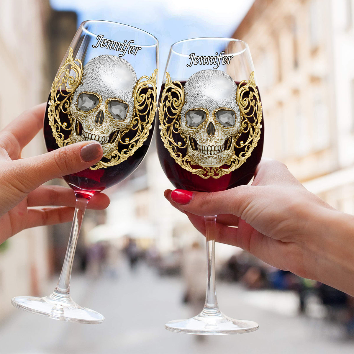 Hochwertige Totenkopf-Kunst – personalisiertes Totenkopf-Weinglas mit langem Stiel