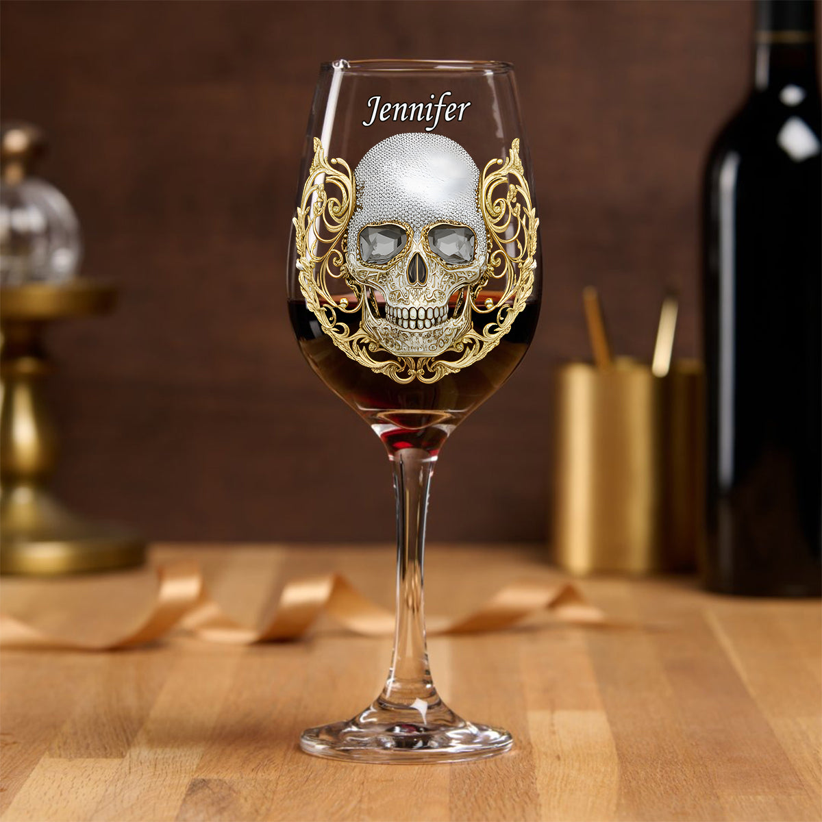 Hochwertige Totenkopf-Kunst – personalisiertes Totenkopf-Weinglas mit langem Stiel
