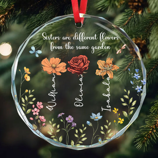 Bunte Gartenblumen – Personalisierter runder Glasanhänger für Geschwister