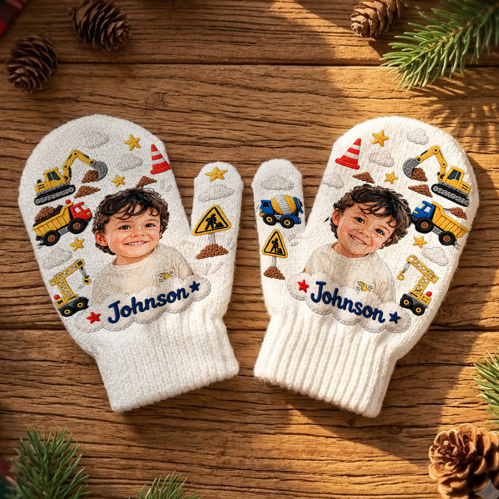Kids Christmas Gloves, Custom Photo Embroidered Gloves with Name, Cute Winter Mittens, Unique Xmas Gift for Boys and Girls - Personalized Kid Knitted Mittens