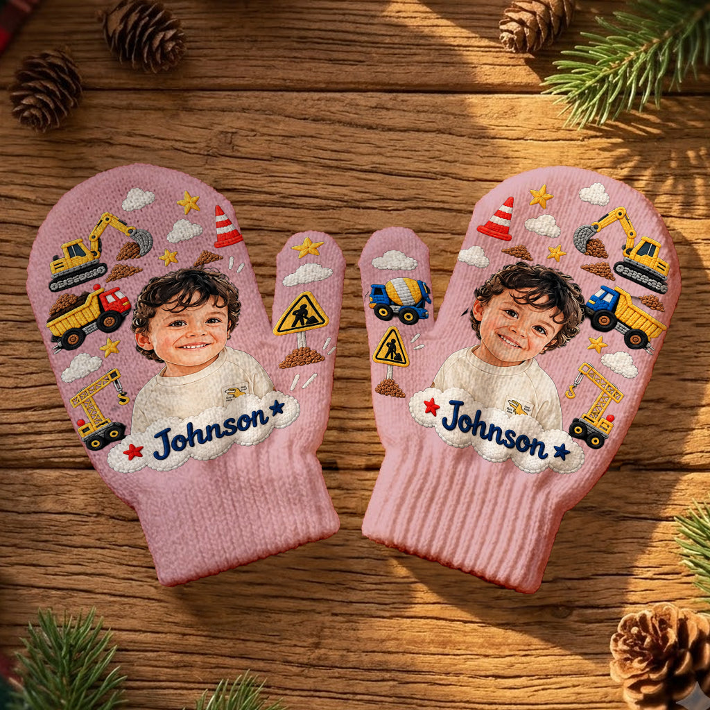 Kids Christmas Gloves, Custom Photo Embroidered Gloves with Name, Cute Winter Mittens, Unique Xmas Gift for Boys and Girls - Personalized Kid Knitted Mittens