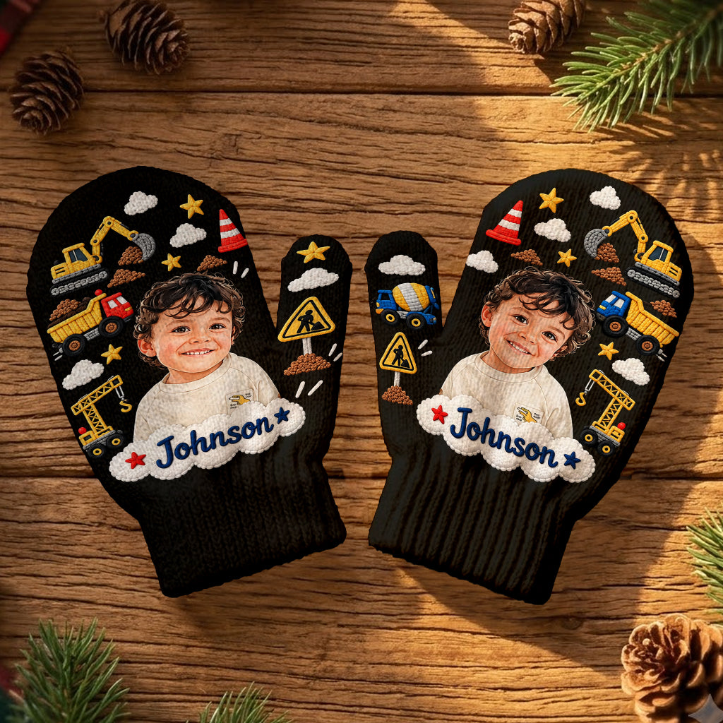 Kids Christmas Gloves, Custom Photo Embroidered Gloves with Name, Cute Winter Mittens, Unique Xmas Gift for Boys and Girls - Personalized Kid Knitted Mittens