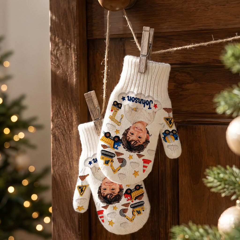 Kids Christmas Gloves, Custom Photo Embroidered Gloves with Name, Cute Winter Mittens, Unique Xmas Gift for Boys and Girls - Personalized Kid Knitted Mittens