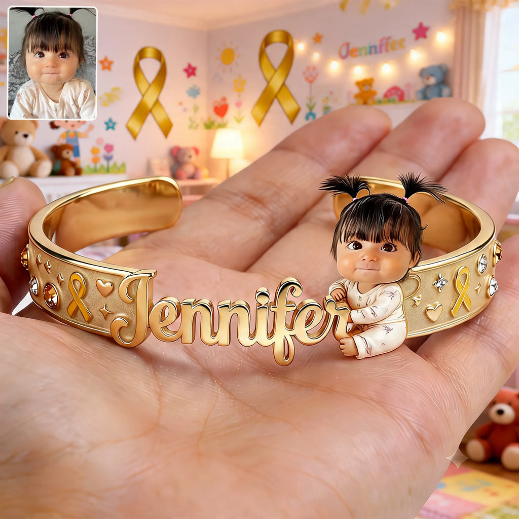 Childhood Cancer Awareness Cuff Bracelet With Photo - Personalized Childhood Cancer Awareness Shaped Cuff Bracelet
