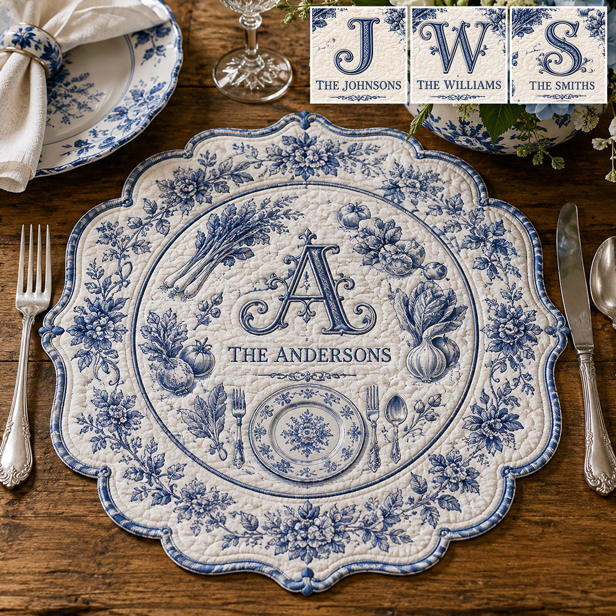 Cadeau de Famille Initial Toile De Jouy - Sous-plat Personnalisé en Forme