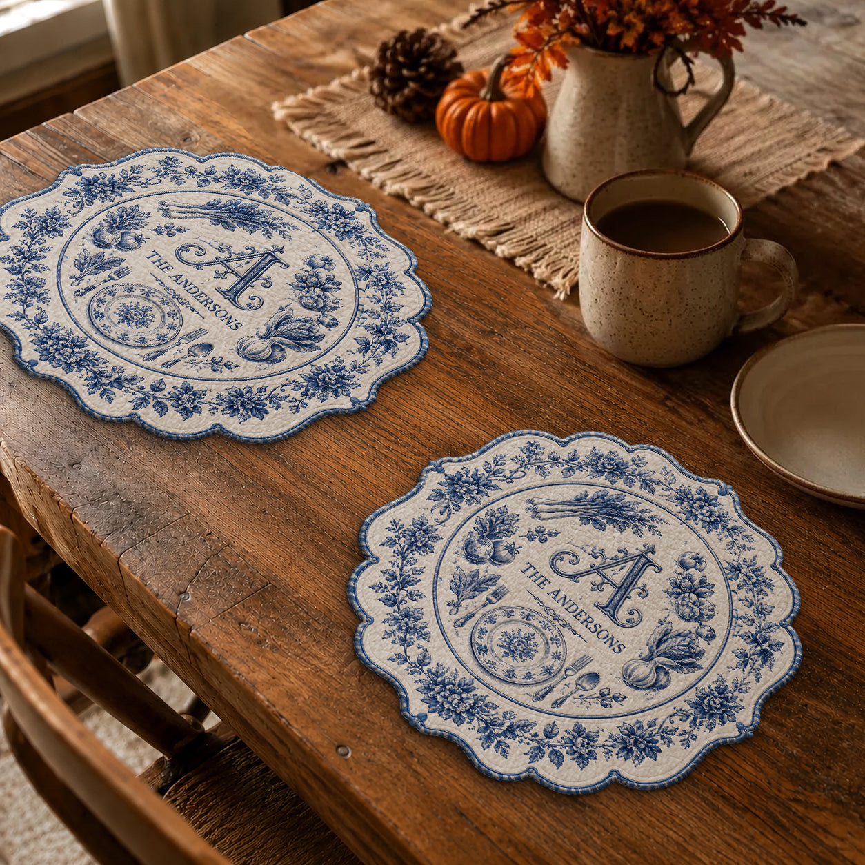Cadeau de Famille Initial Toile De Jouy - Sous-plat Personnalisé en Forme