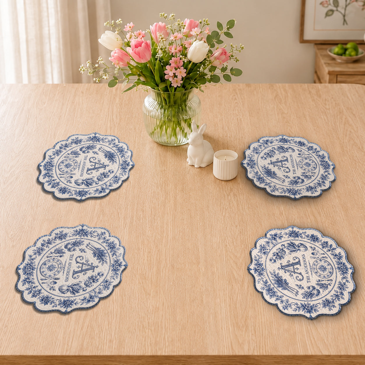 Cadeau de Famille Initial Toile De Jouy - Sous-plat Personnalisé en Forme