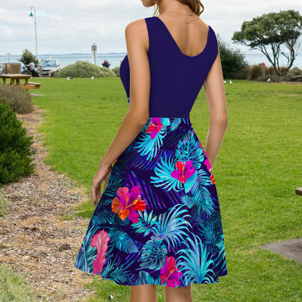 Tropical Leaf Hibiscus Flowers Matching Hawaii Beach Outfit For Co~es - Personalized Couple Hawaiian Shirt & Sleeveless Dress