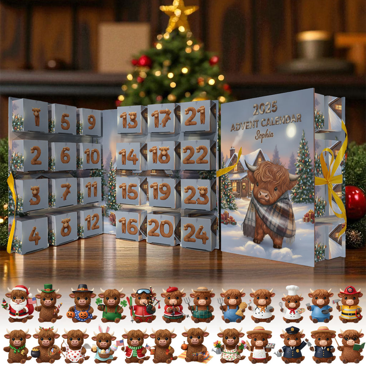 Highland Cow In Winter - Personalized Highland Cow Folded Advent Calendar With Ornaments