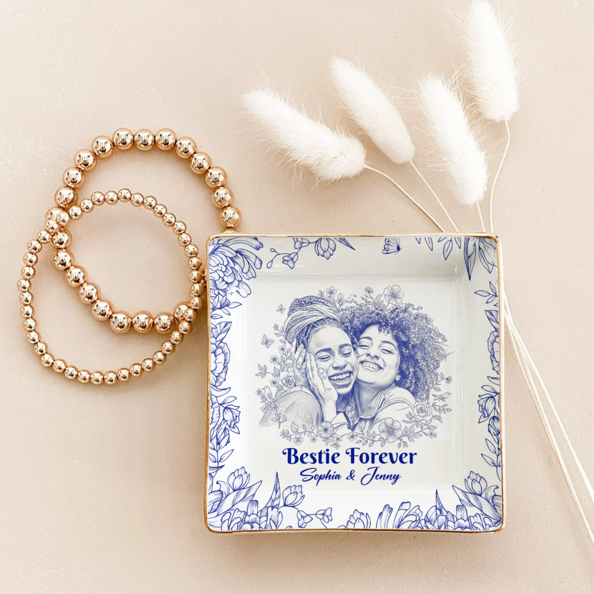 Toile De Jouy Besties Flower - Porte-bijoux personnalisé Bestie entièrement imprimé