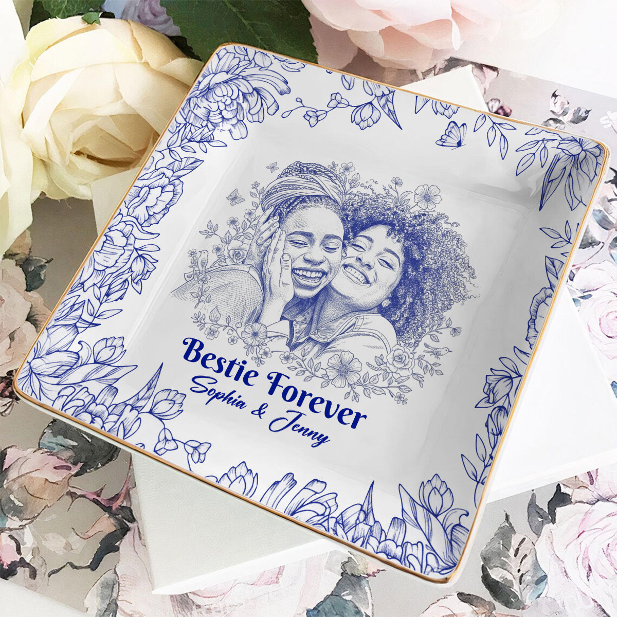 Toile De Jouy Besties Flower - Porte-bijoux personnalisé Bestie entièrement imprimé