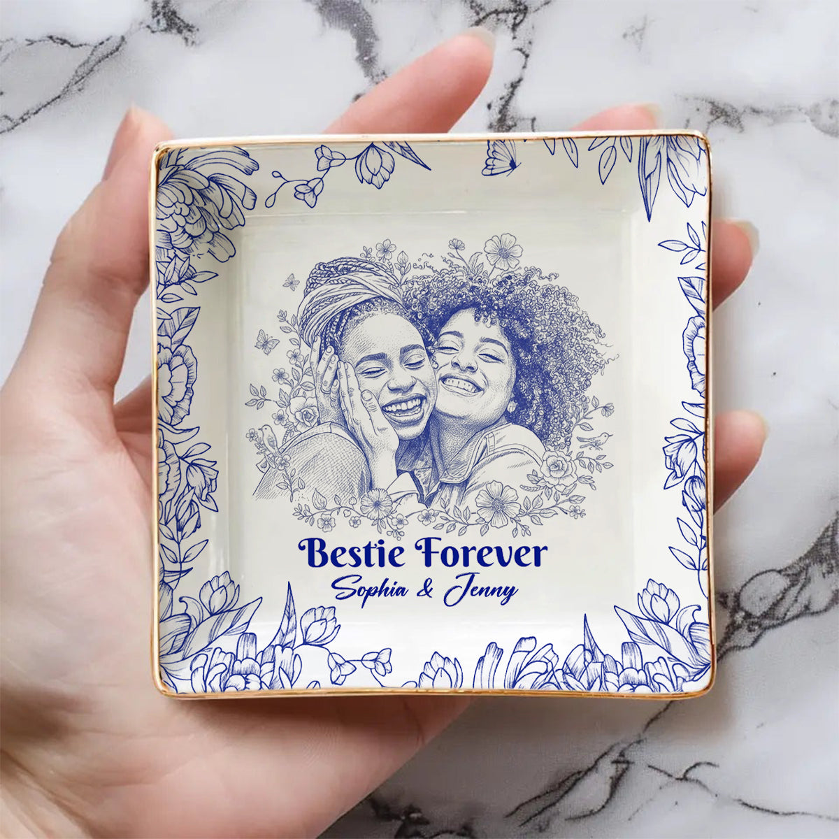 Toile De Jouy Besties Flower - Porte-bijoux personnalisé Bestie entièrement imprimé