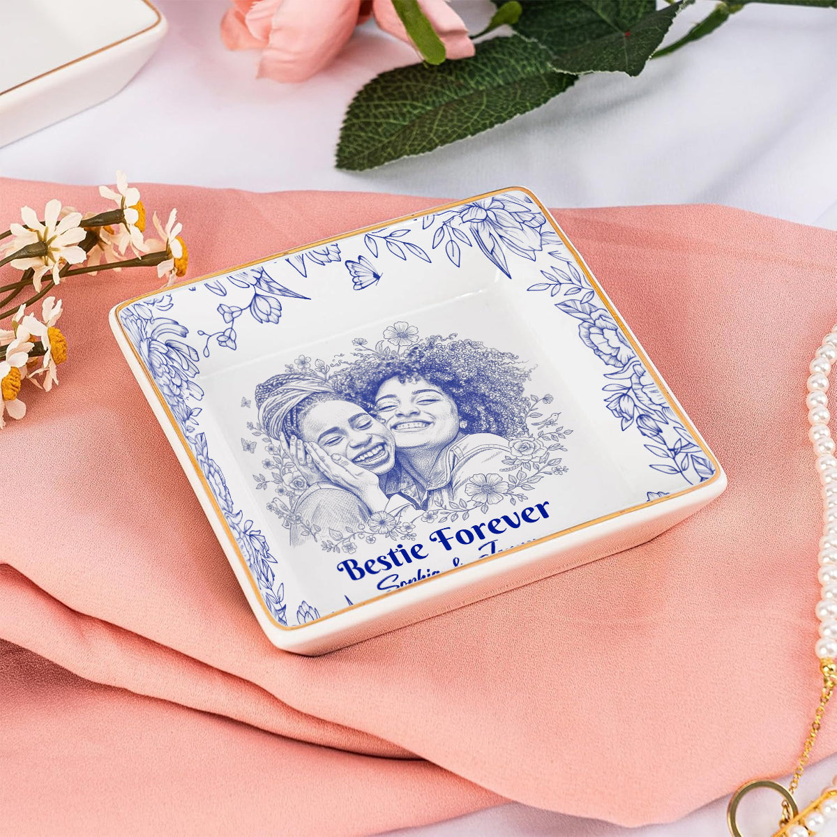 Toile De Jouy Besties Flower - Porte-bijoux personnalisé Bestie entièrement imprimé