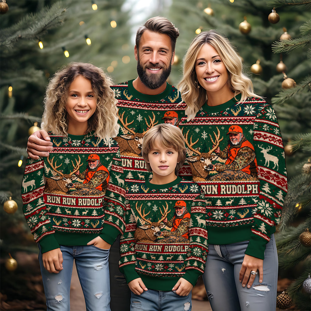 Run Run Rudolph Custom Photo - Personalized Hunting Ugly Sweater