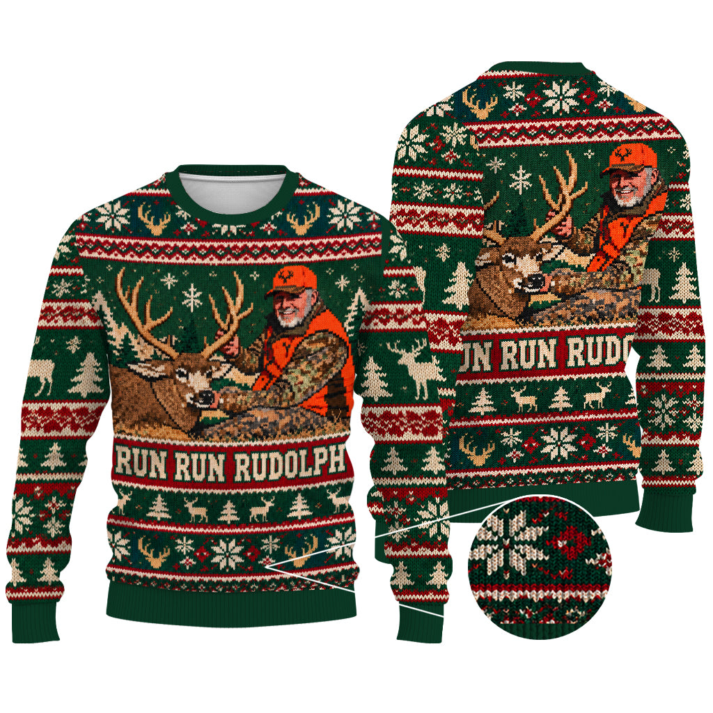 Run Run Rudolph Custom Photo - Personalized Hunting Ugly Sweater