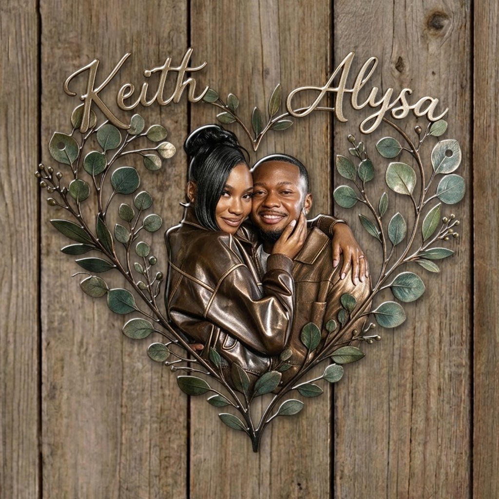 Eucalyptus Heart Metal Wall Art - Personalized Couple 3D Printed Cut Metal Sign