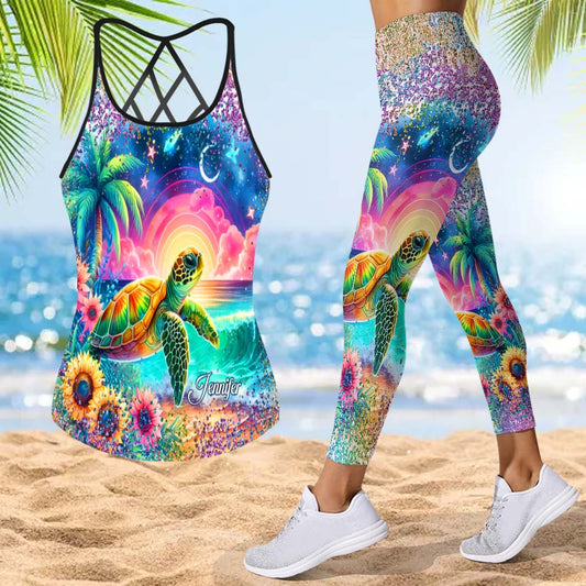 Sea Turtle Sunflower - Personalized Turtle Cross Tank Top and Leggings