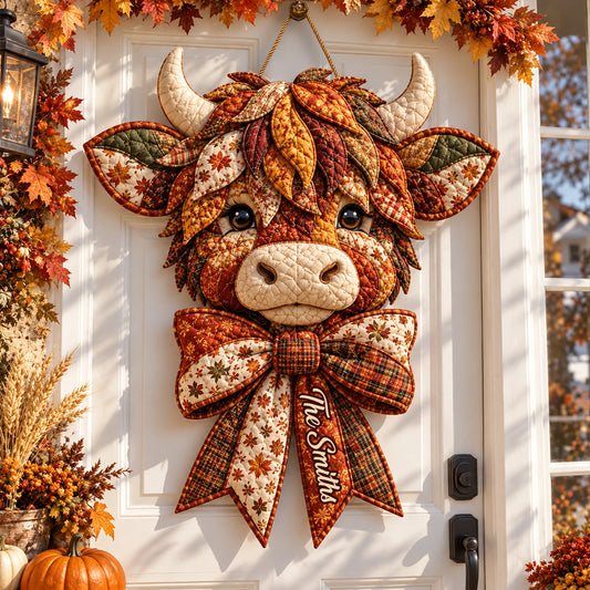Fall Season Highland Cow - Personalized Highland Cow Quilted Door Hanger