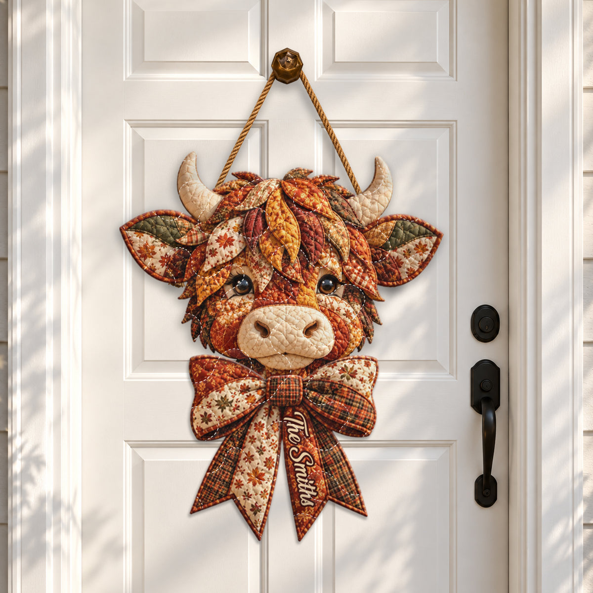 Fall Season Highland Cow - Personalized Highland Cow Quilted Door Hanger