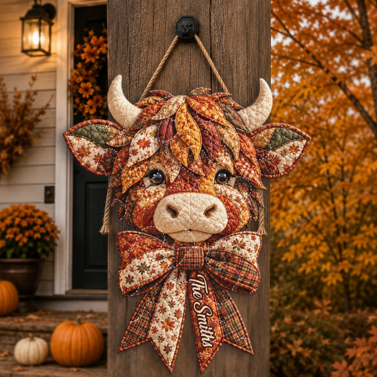Fall Season Highland Cow - Personalized Highland Cow Quilted Door Hanger