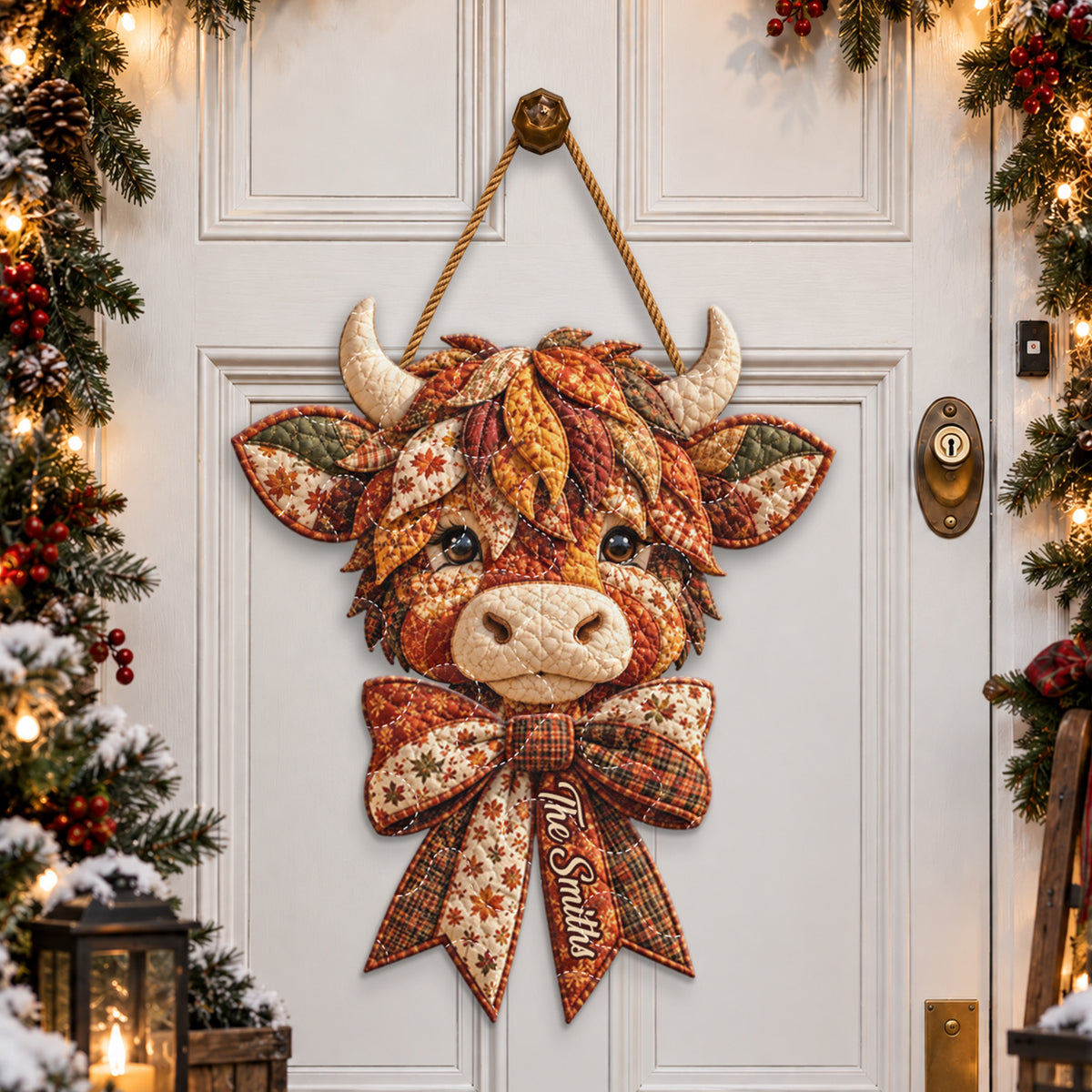 Fall Season Highland Cow - Personalized Highland Cow Quilted Door Hanger