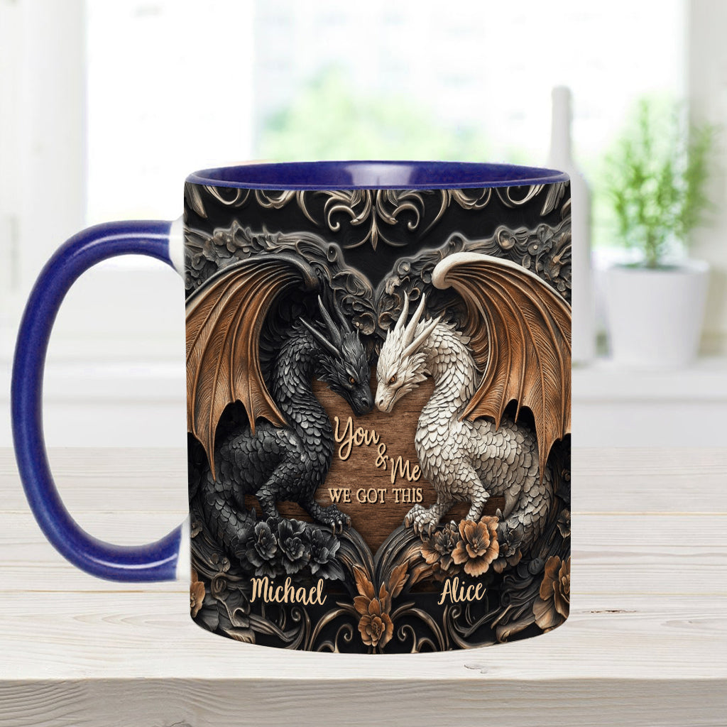„Du und ich, wir schaffen das“ – personalisierte Tasse mit Drachenmotiv