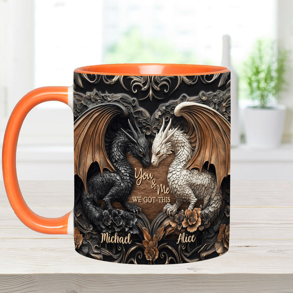 „Du und ich, wir schaffen das“ – personalisierte Tasse mit Drachenmotiv
