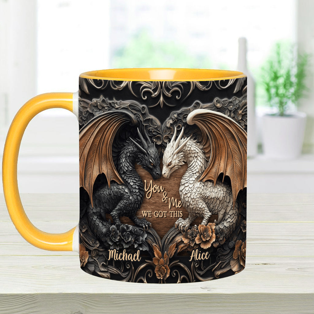 „Du und ich, wir schaffen das“ – personalisierte Tasse mit Drachenmotiv