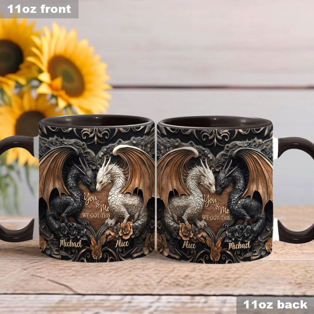„Du und ich, wir schaffen das“ – personalisierte Tasse mit Drachenmotiv