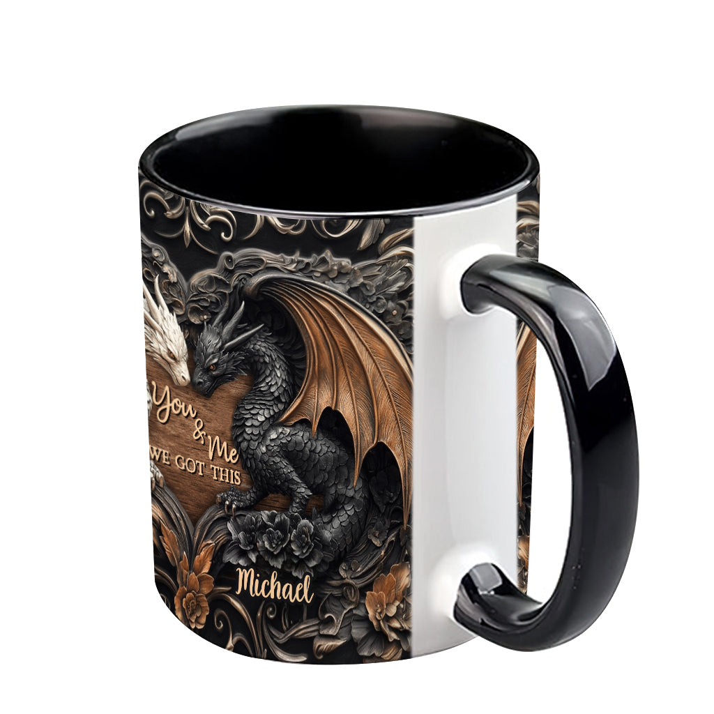 „Du und ich, wir schaffen das“ – personalisierte Tasse mit Drachenmotiv