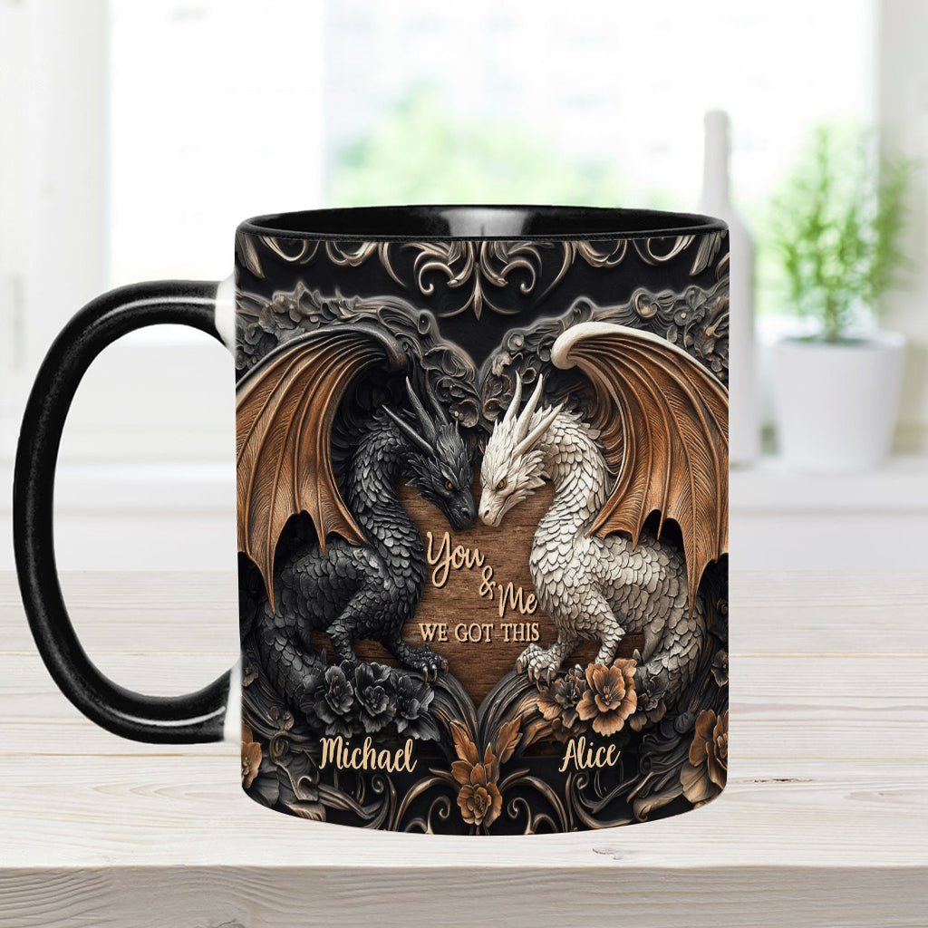 „Du und ich, wir schaffen das“ – personalisierte Tasse mit Drachenmotiv
