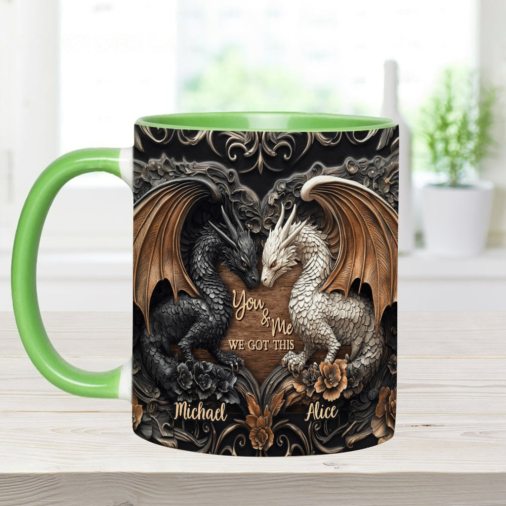 „Du und ich, wir schaffen das“ – personalisierte Tasse mit Drachenmotiv