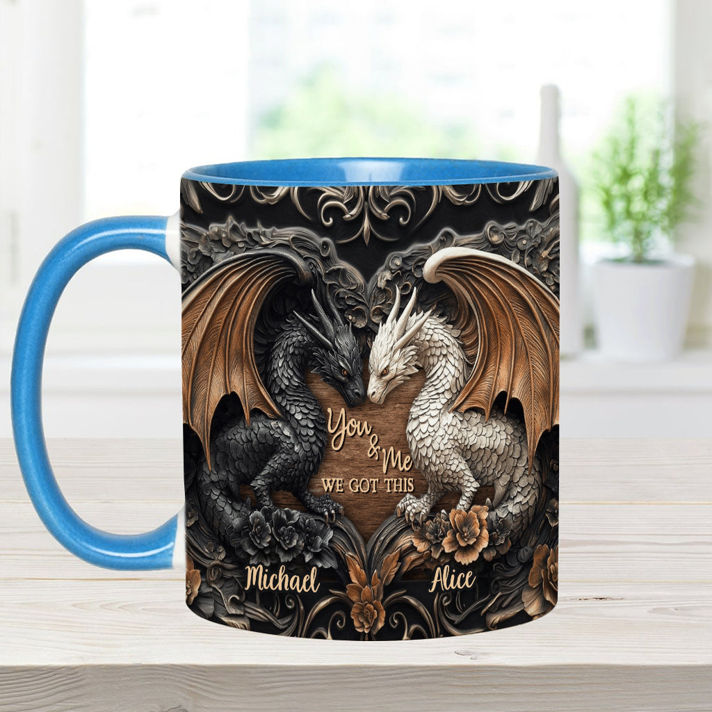 „Du und ich, wir schaffen das“ – personalisierte Tasse mit Drachenmotiv