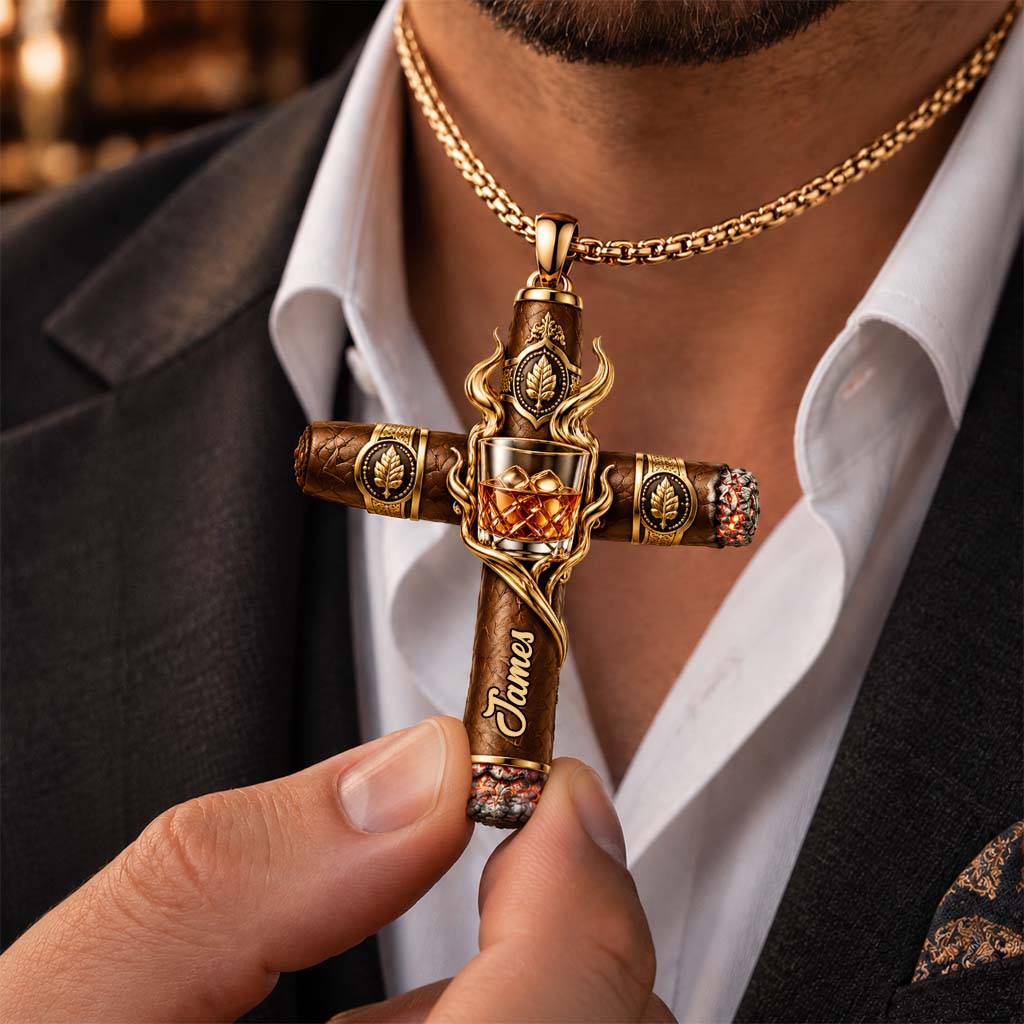 Faith, Whiskey & Cigars - Personalized Whisky Shaped Metal Pendant Necklace