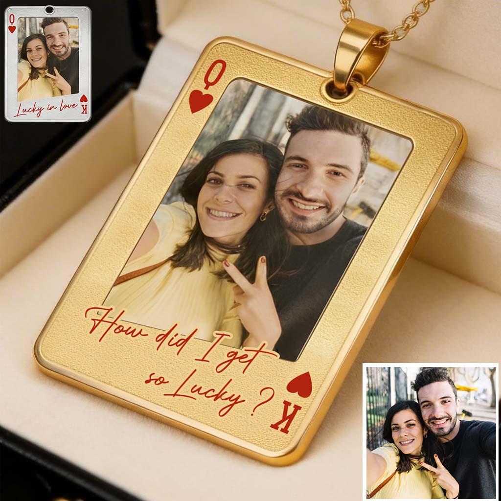 Custom Photo Playing Card - Personalized Couple Shaped Metal Pendant Necklace