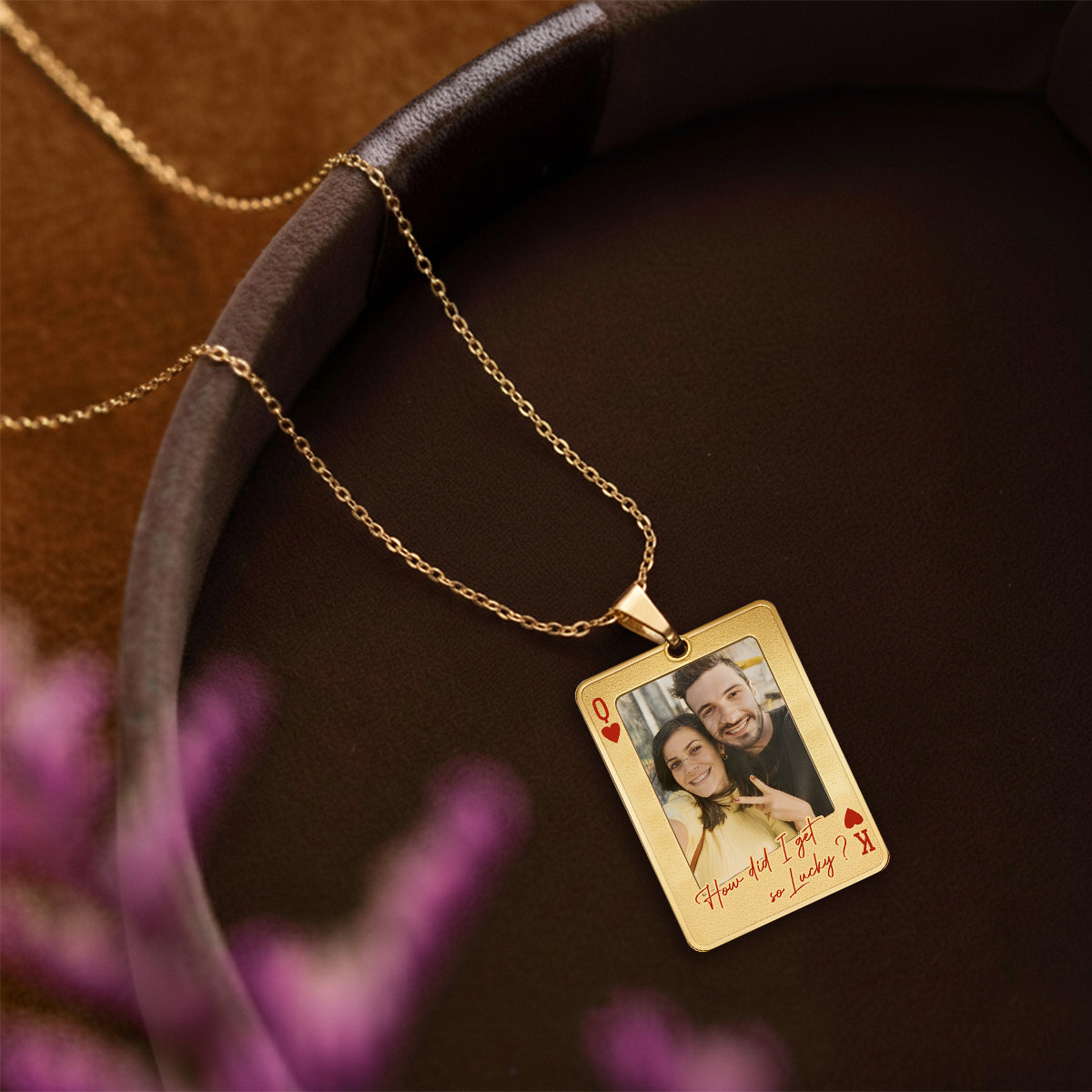 Custom Photo Playing Card - Personalized Couple Shaped Metal Pendant Necklace