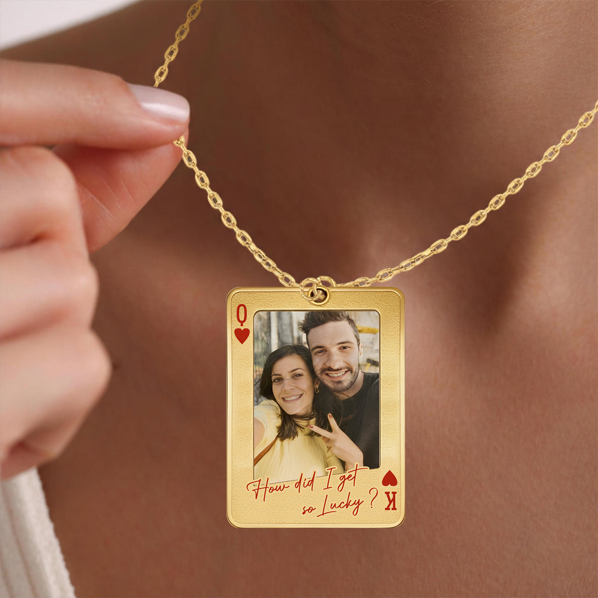 Custom Photo Playing Card - Personalized Couple Shaped Metal Pendant Necklace