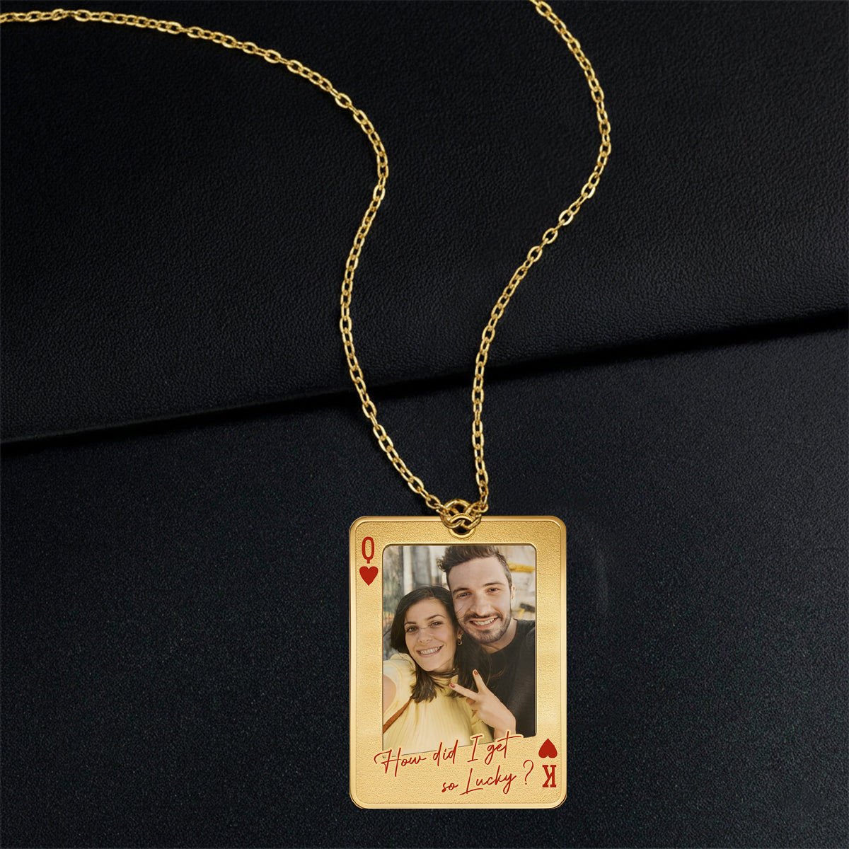 Custom Photo Playing Card - Personalized Couple Shaped Metal Pendant Necklace