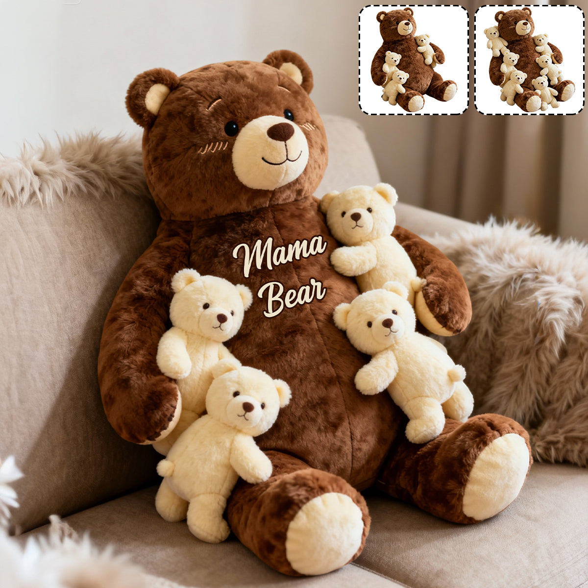 Coussin personnalisé en fausse fourrure « Maman Ours » en forme de maman