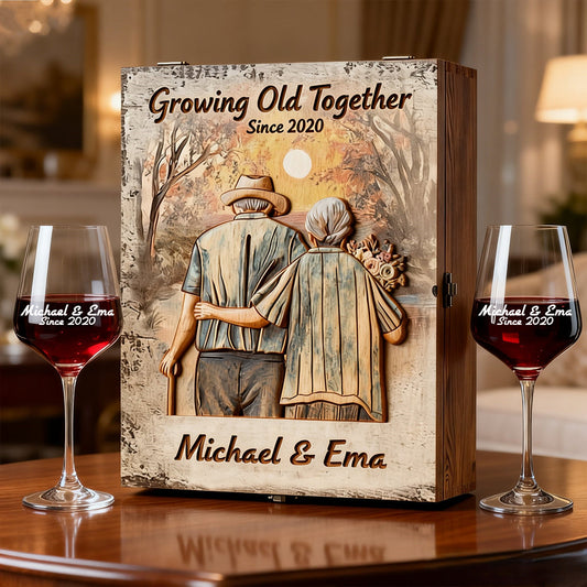 Vieillir ensemble - Coffret de verres à vin personnalisés pour couples avec boîte en bois