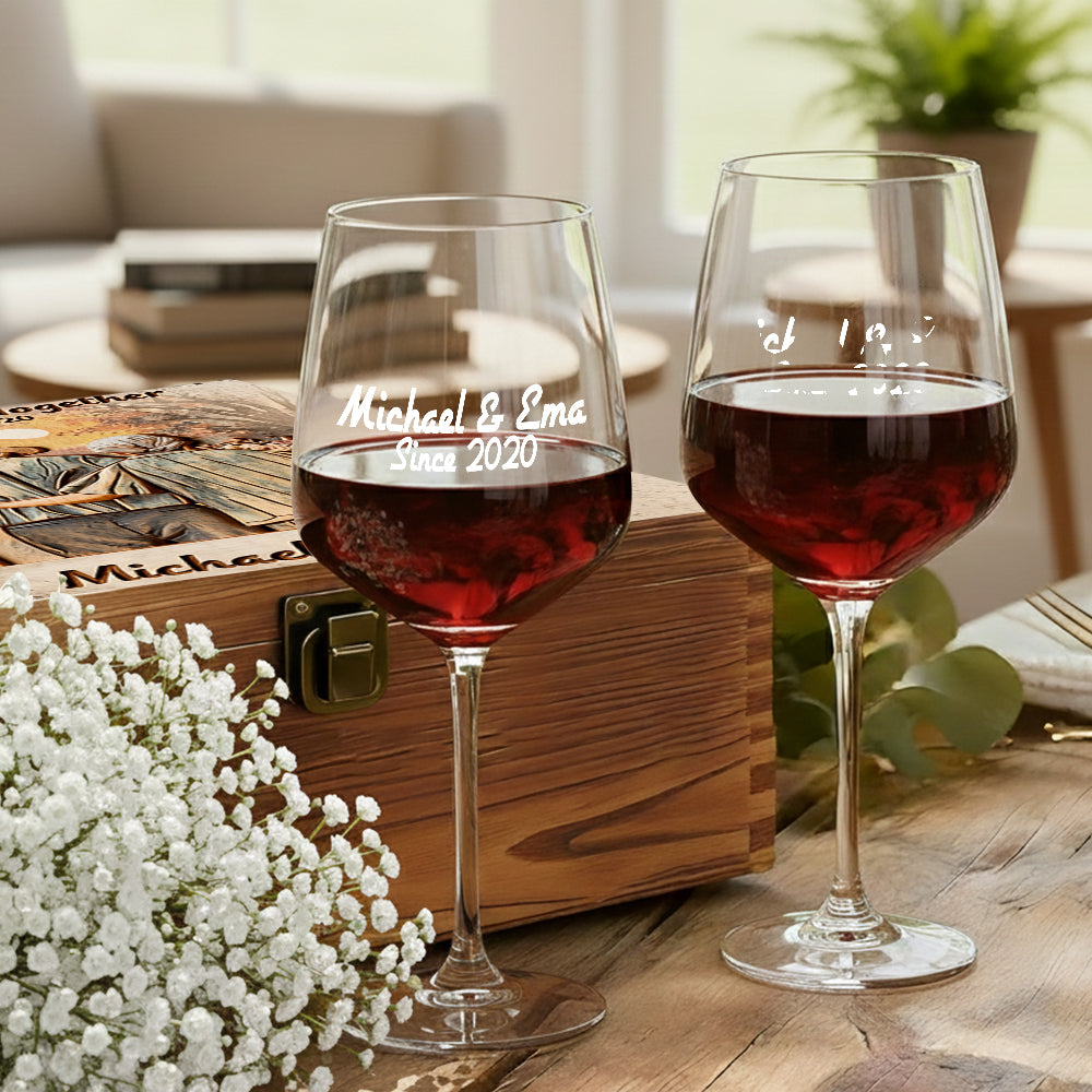 Growing Old Together - Personalized Couple Wine Glasses Set With Wooden Box