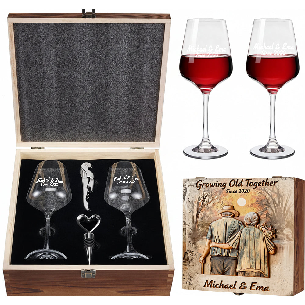 Growing Old Together - Personalized Couple Wine Glasses Set With Wooden Box