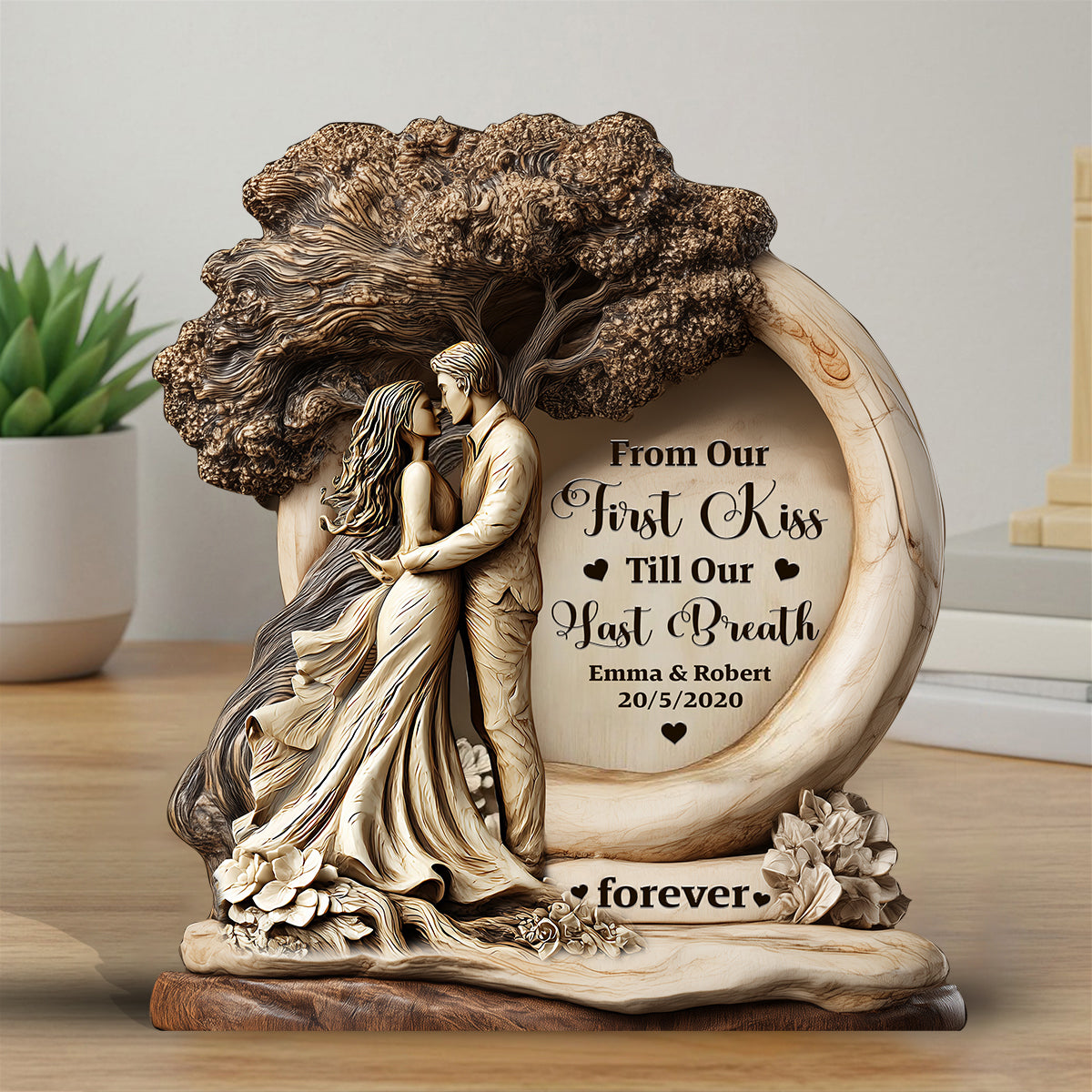 From Our First Kiss Till Our Last Breath - Personalized Couple Custom Shaped Wood Plaque