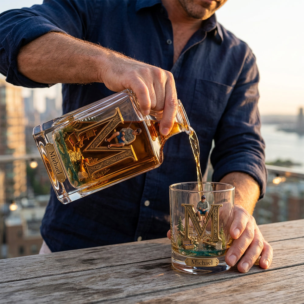 Custom Initial Gift For Fishing Lover - Personalized Fishing Whiskey Decanter Set